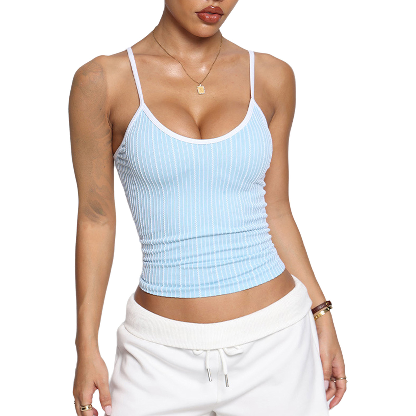 Yoga Daily Fitness - Damen-Sportweste mit U-Ausschnitt, gestreift, verstellbare Spaghettiträger,