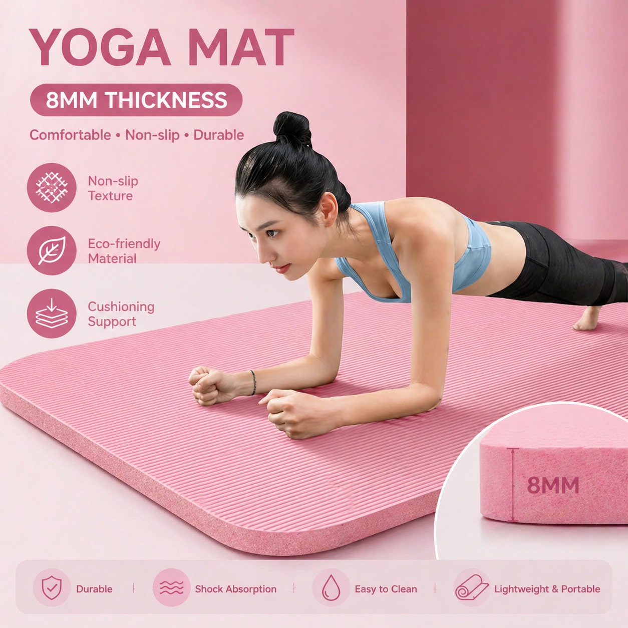 Yoga Daily Fitness - 185*61CM Rosa rutschfeste Yogamatte, stoßdämpfende, bequeme