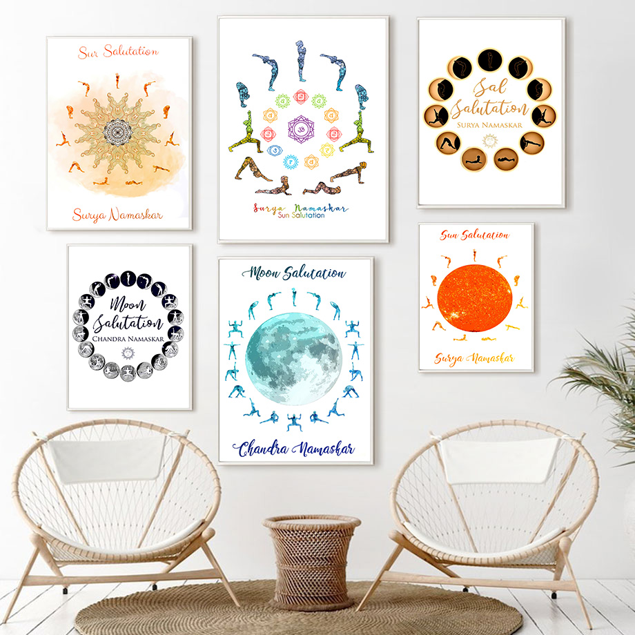 Yoga Fitness Rooms - Yoga-Posen Sonne-Mond-Gruß Wandkunst Leinwandbild Nordische Poster